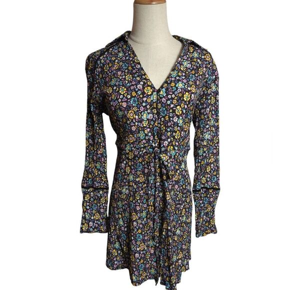 Zara Black Floral Collared Long Sleeve Mini Dress - Picture 1 of 5